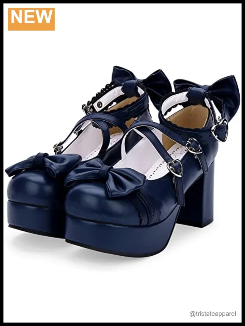 Lolita Platform Heels Ankle Strap Pumps Faux Leather Chunky Block Heel